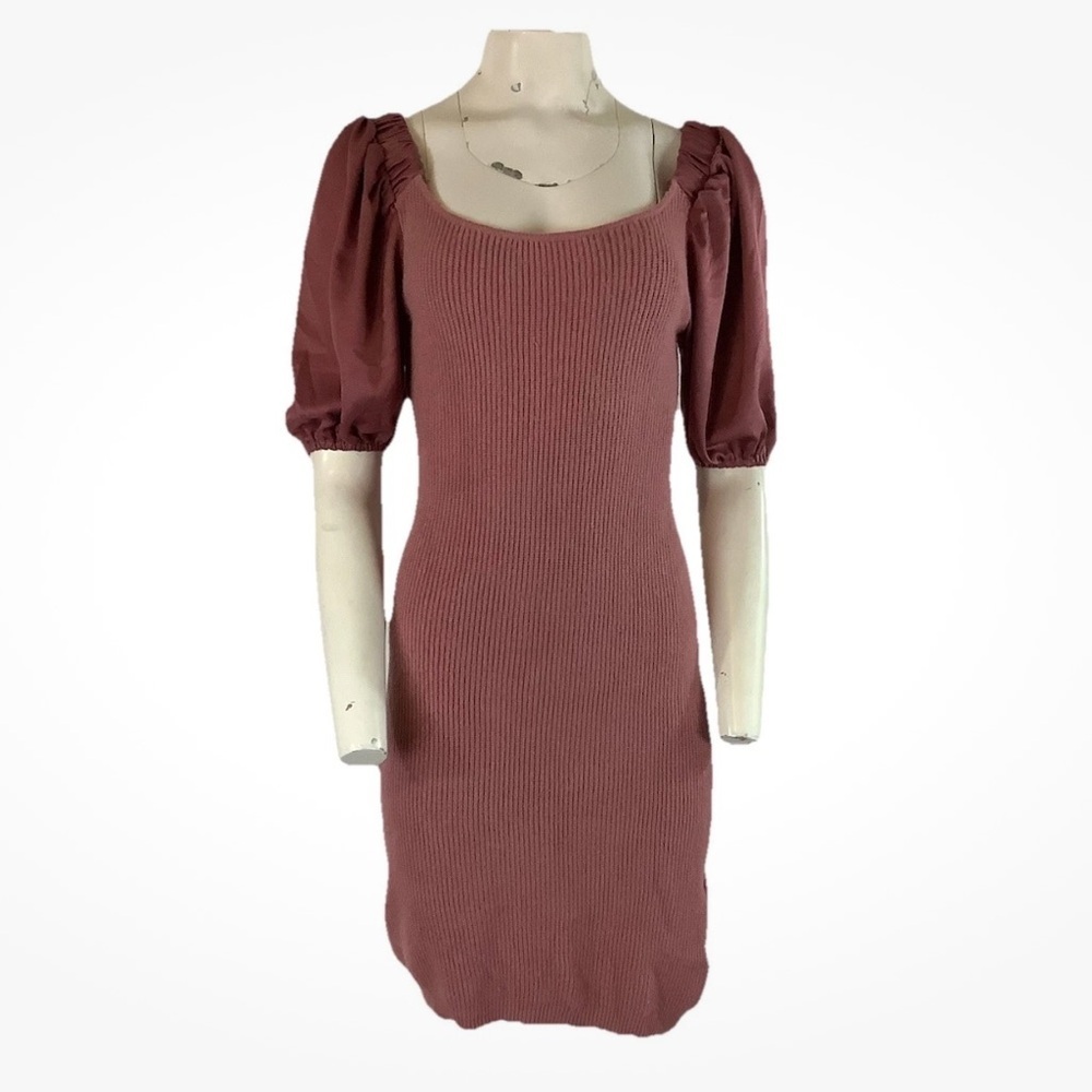 Ontwelfth Sz M Knit Sweater Dress With Satin Puff Arms Pink Viscose Pullover